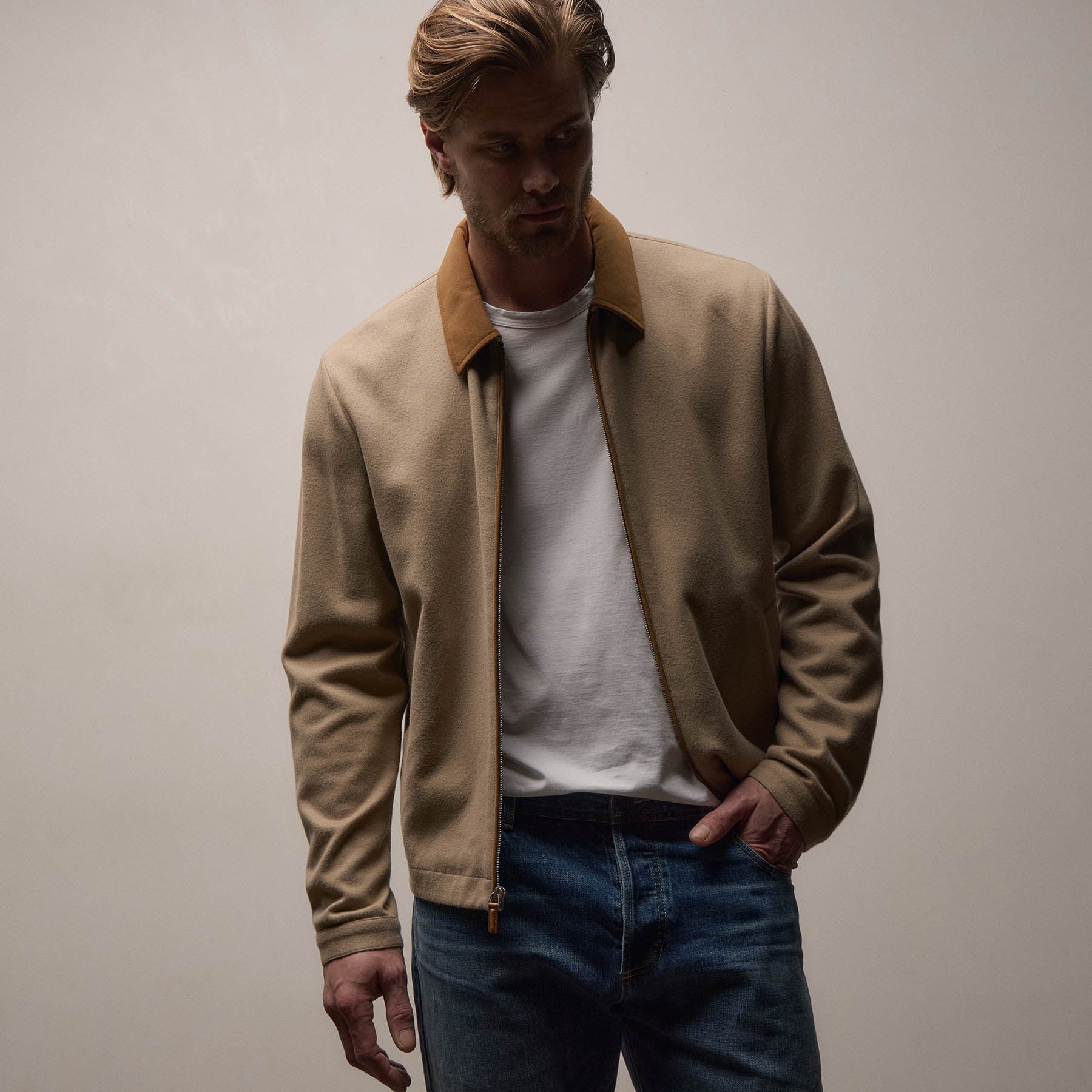 Relaxed Fit Brushed Cotton Coach Jacket Soft Beige Whiskey