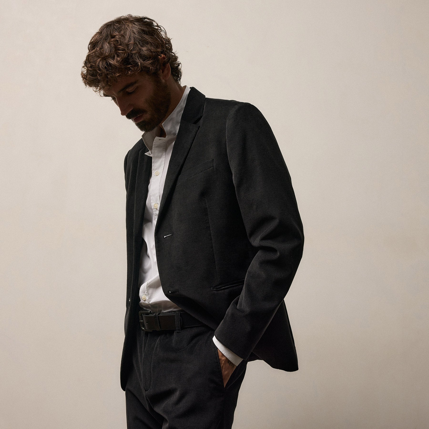 Slim Fit Cotton Cashmere Corduroy Suit Jacket Black