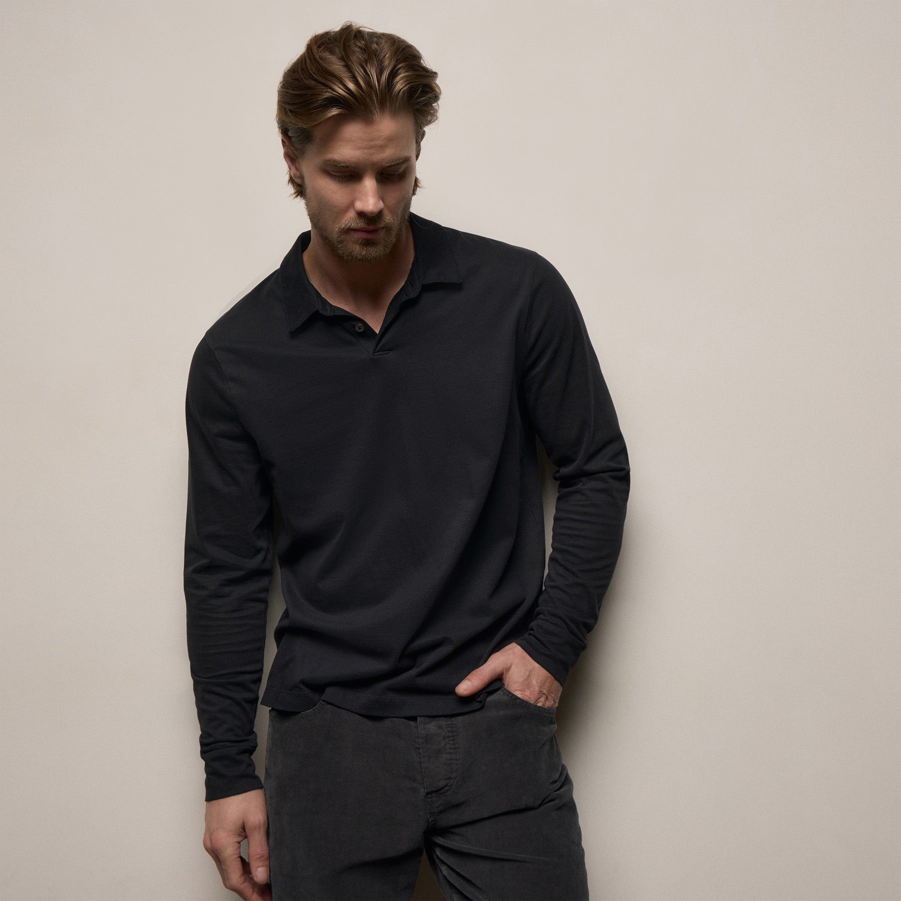 Standard Fit Jersey Long Sleeve Polo Black