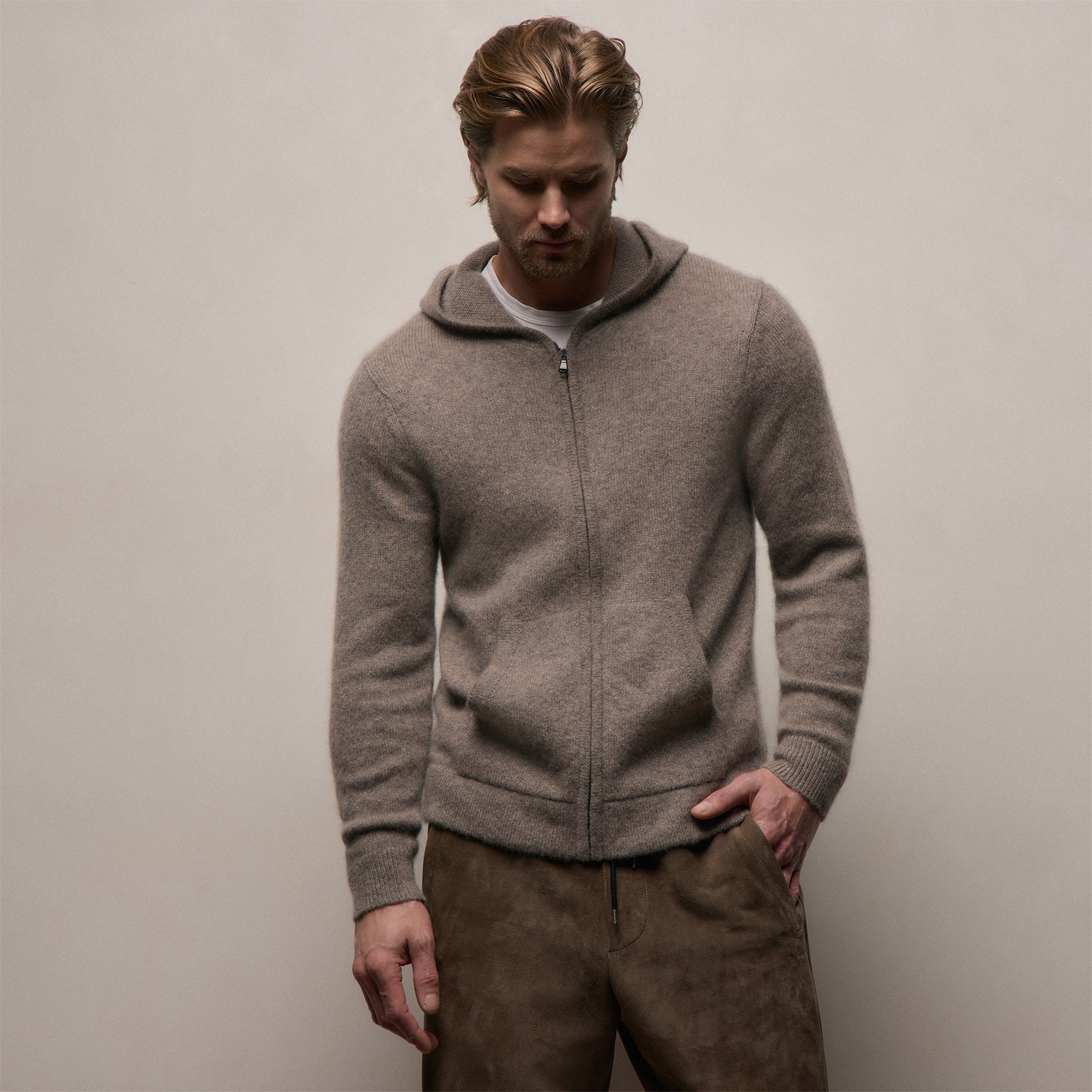 Relaxed Fit Lightweight Textured Cashmere Zip Up Hoodie Beige Melange