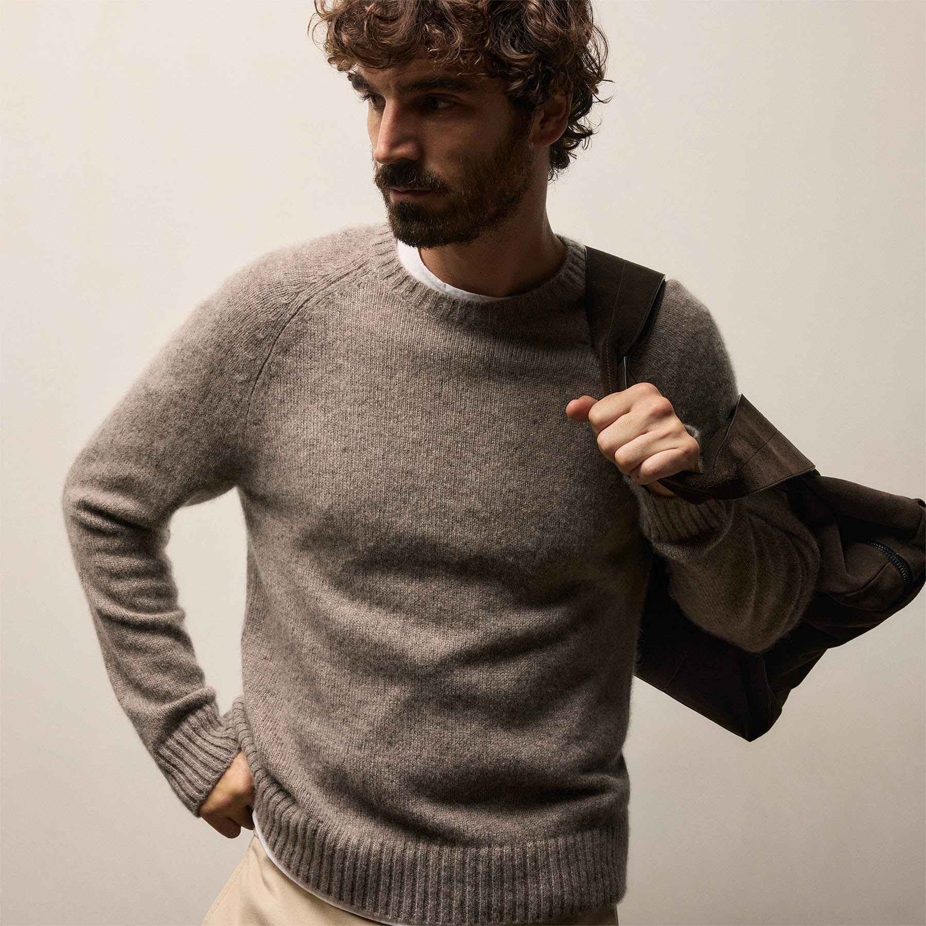 Classic Fit Lightweight Textured Cashmere Crew Beige Melange