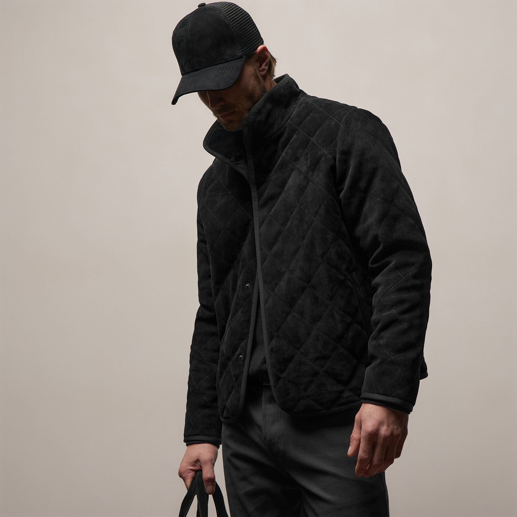 Regular Fit Quilted Suede Snap Front Jacket Black