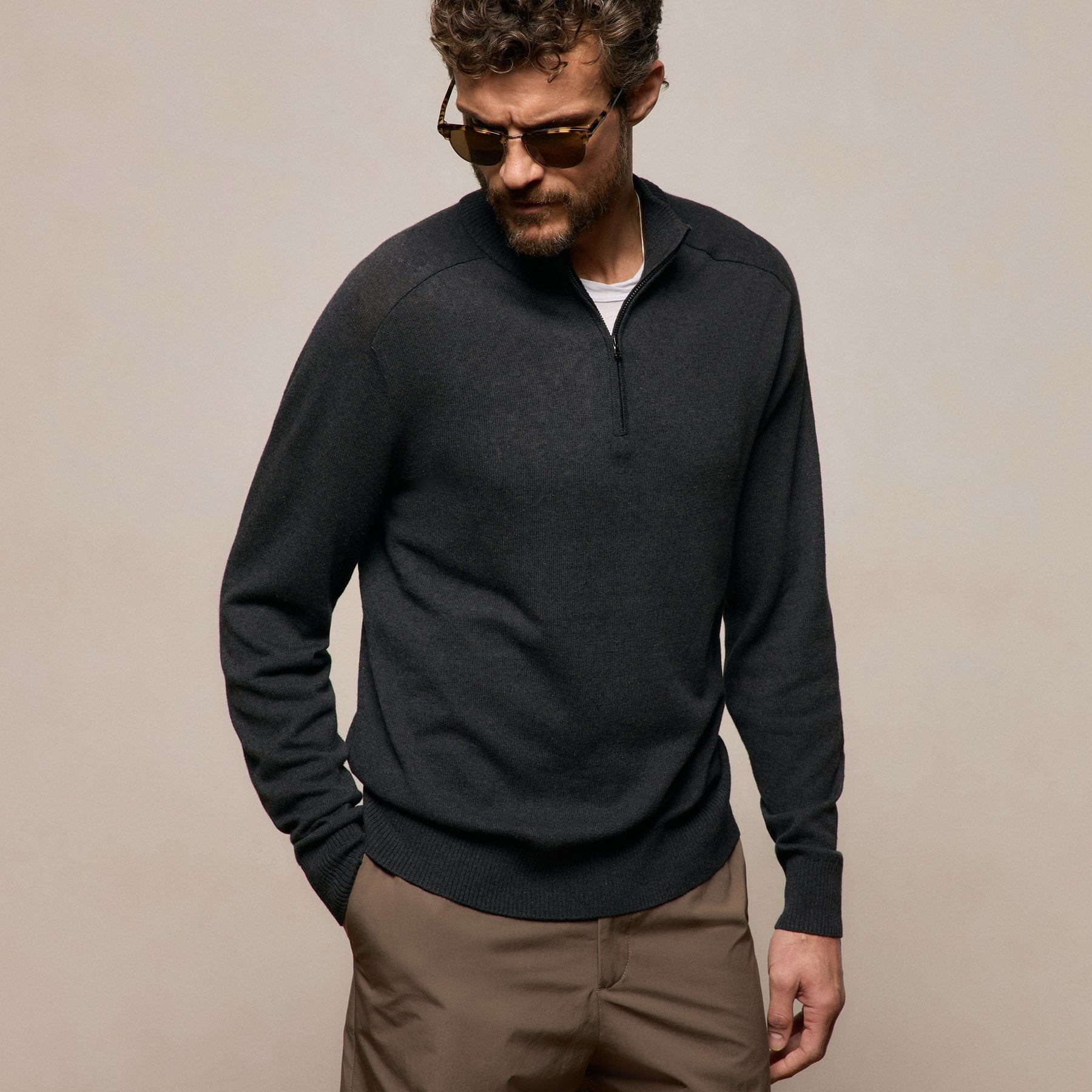 Regular Fit Cotton Cashmere Half Zip Coal
