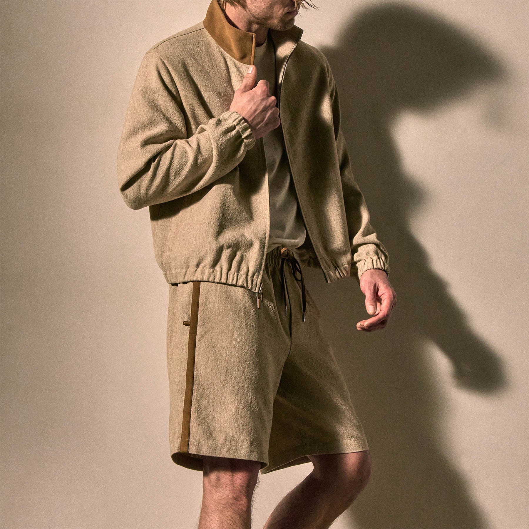 Relaxed Fit Suede Trimmed Track Short Natural Tobacco