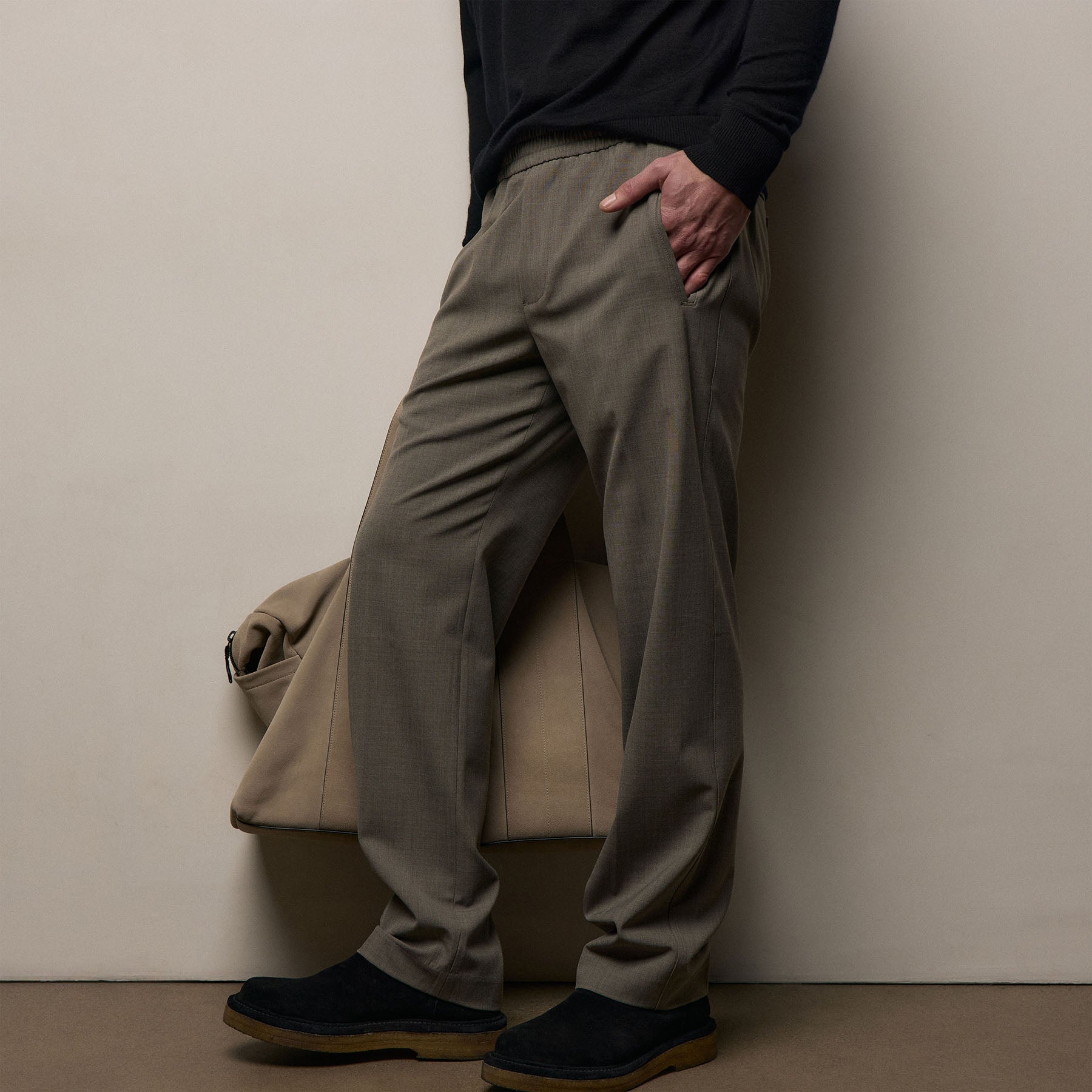 Relaxed Fit Wool Stretch Pull On Trouser Light Olive