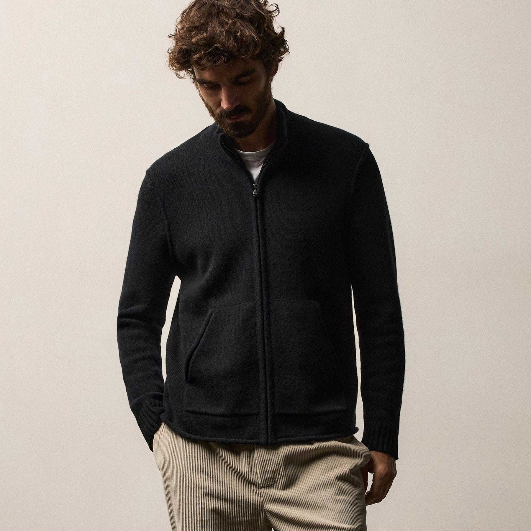 Regular Fit Recycled Cashmere Full Zip Sweater Black