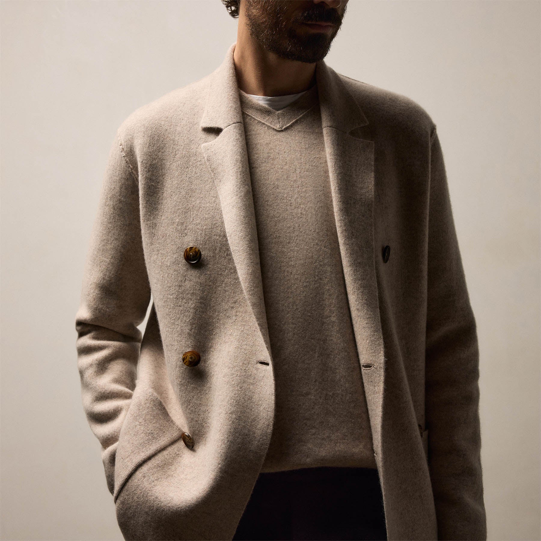 Slim Fit Double Breasted Cashmere Blazer Stone