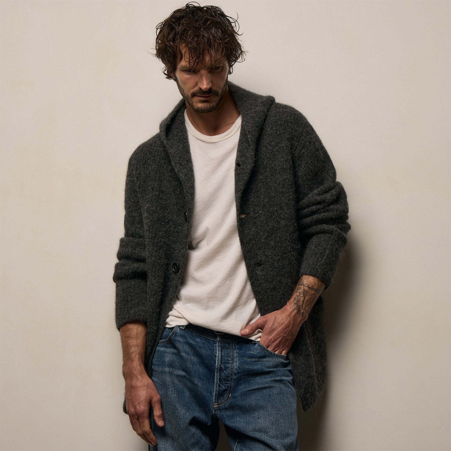 Relaxed Fit Chunky Waffle Knit Hooded Coat Anthracite