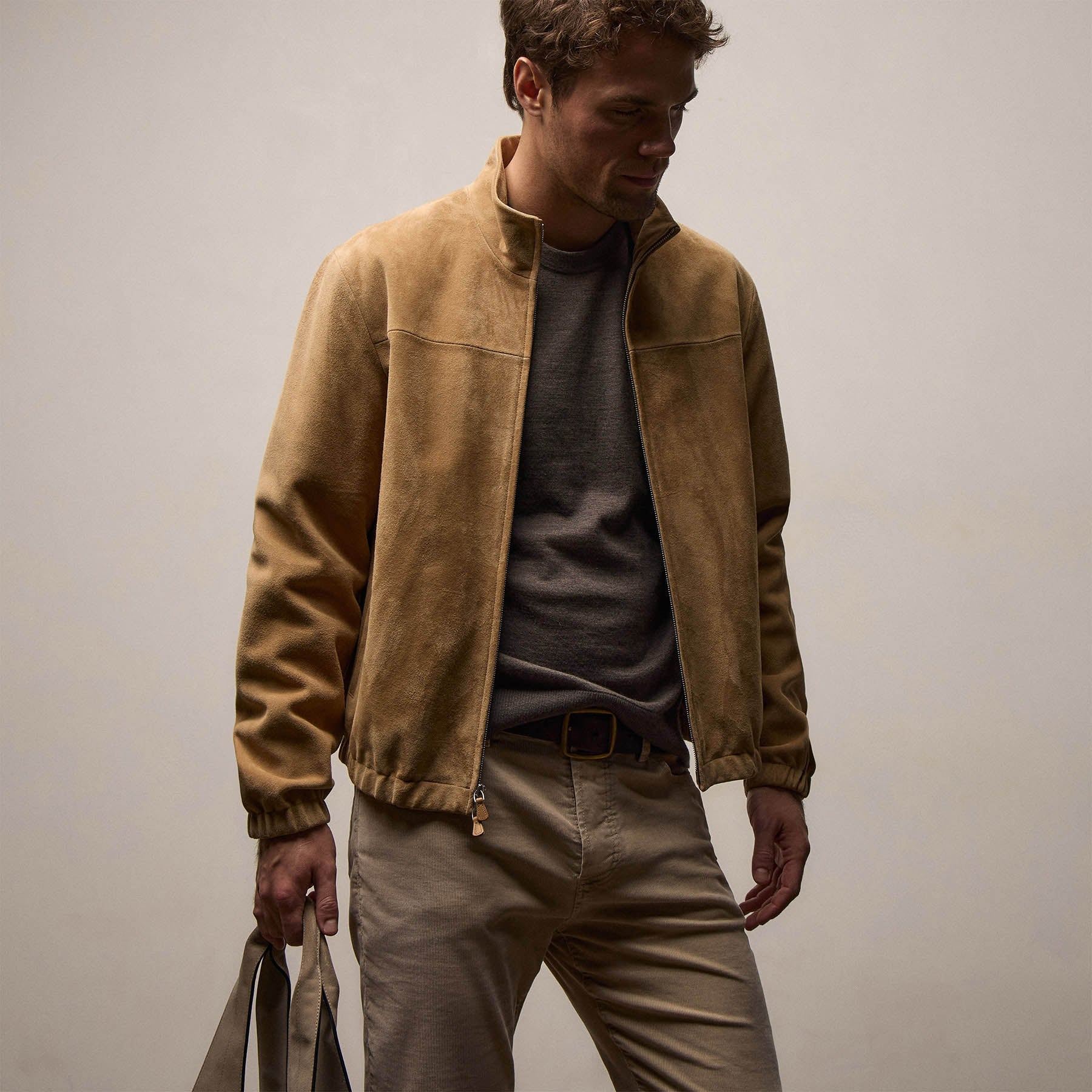 Regular Fit Suede Bomber Jacket Sand