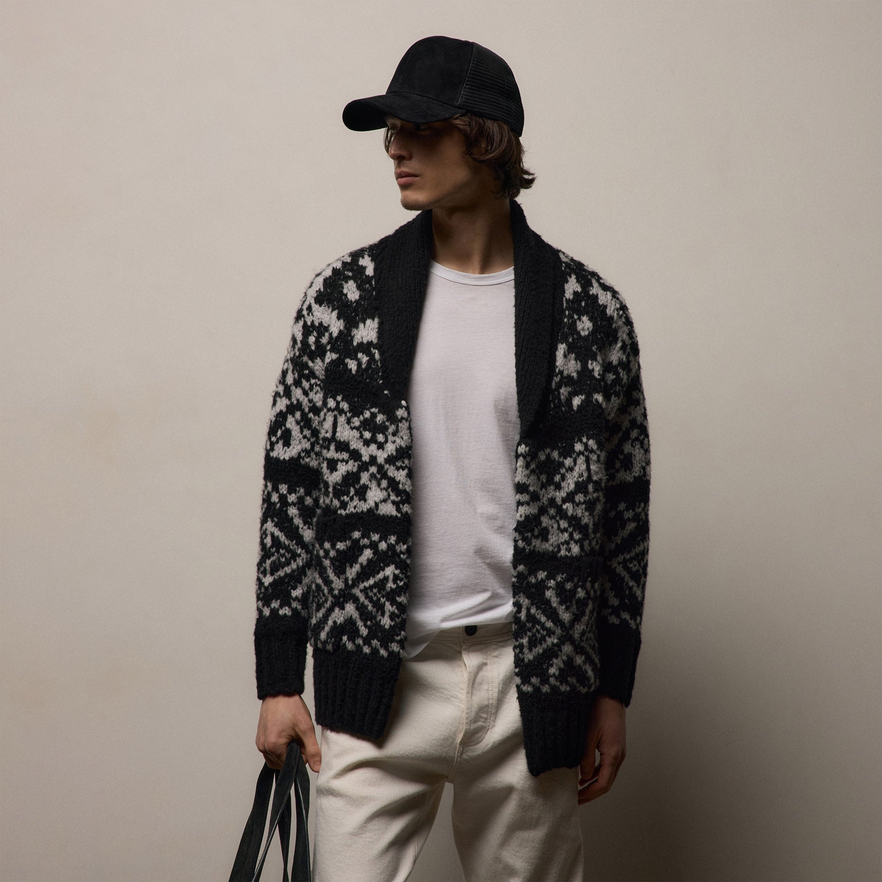 Regular Fit Chalet Intarsia Cardigan Black Heather Grey